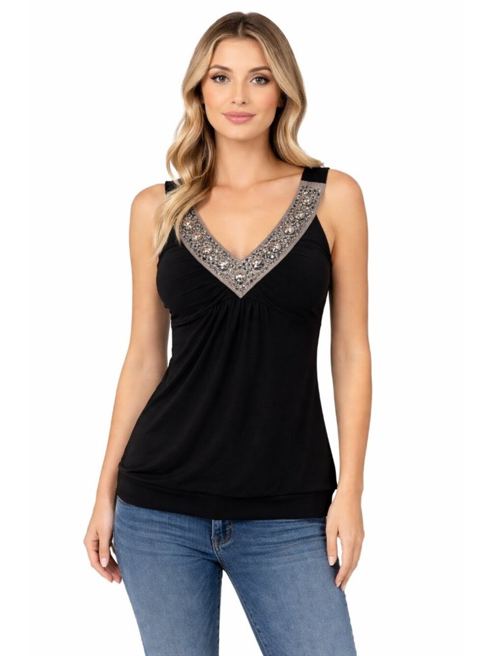 Taboo Tank Top Medium Black Rhinestones V Neck Sleeveless Party Y2K Glam Blouse